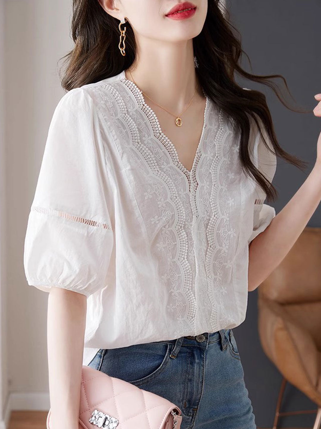 Olivia Retro V-Neck Lace Embroidered Top