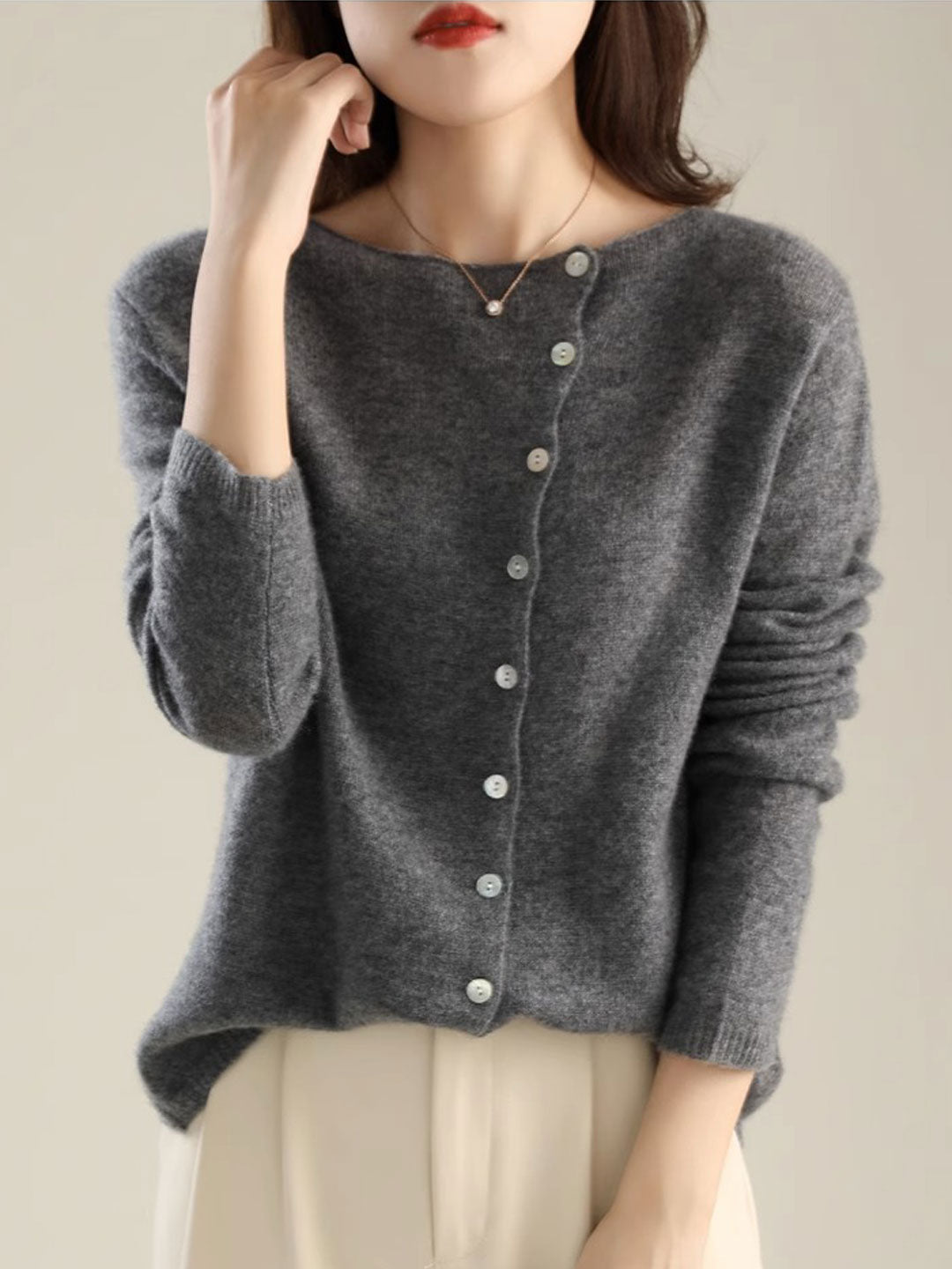 Kayla Classic Crew Neck Knitted Cardigan-Navy Blue