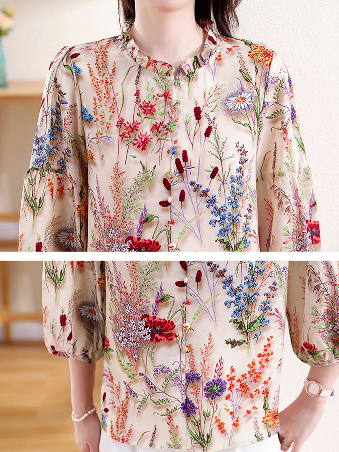 Sophia Retro Ruffle Collar Lantern Sleeve Floral Printed Top