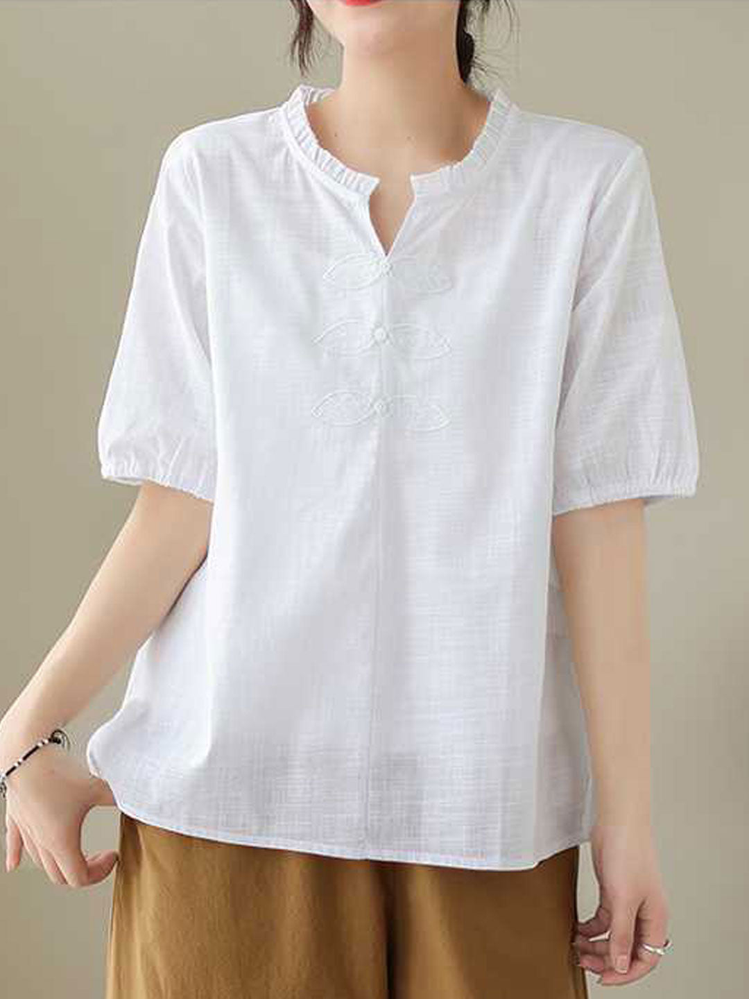 Brooke Loose V-Neck Embroidered Blouse-White