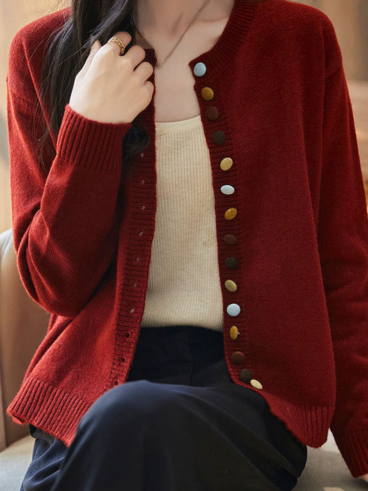 Brooke Loose Crew Neck Knitted Cardigan-Red