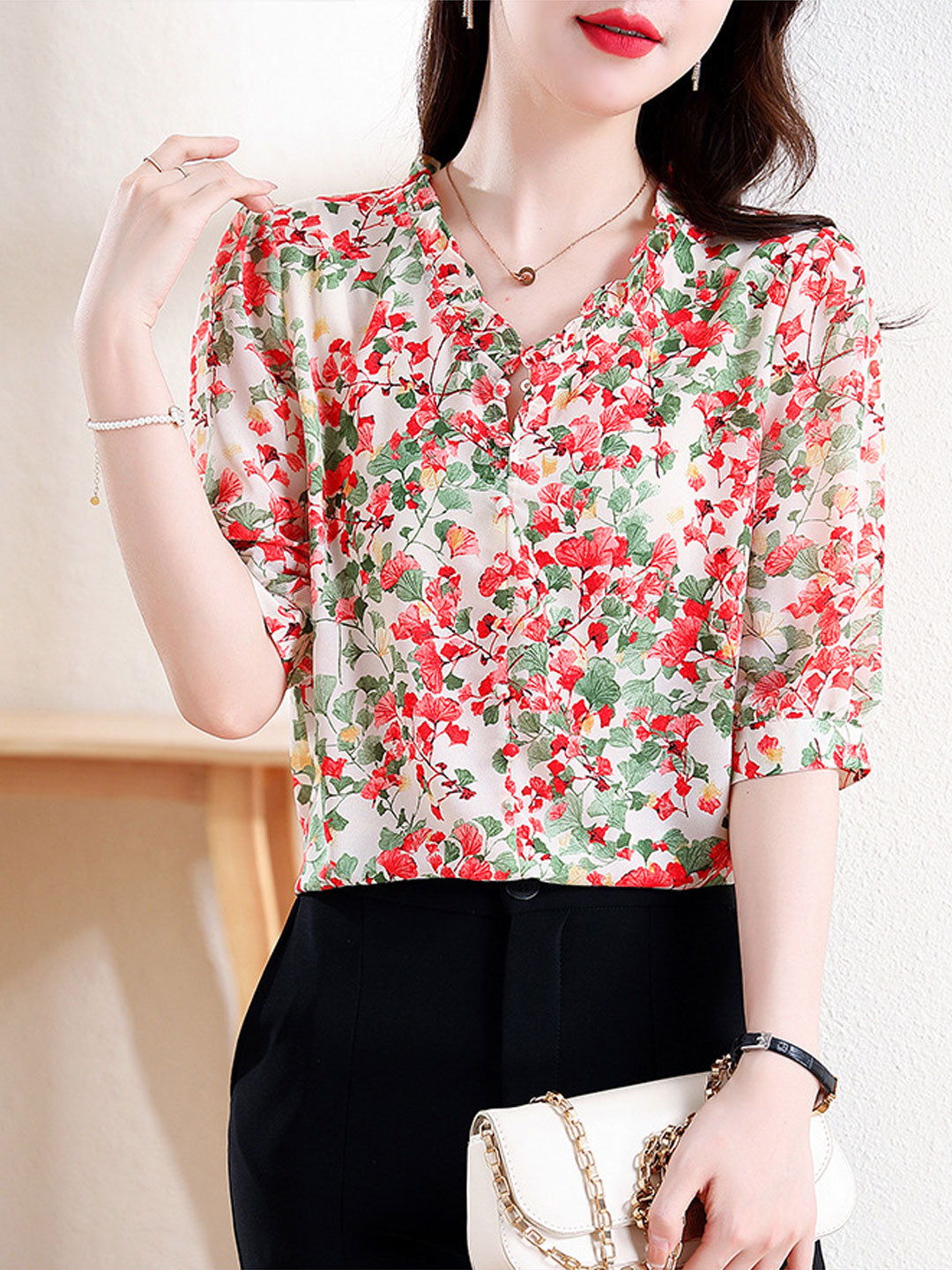 Mia Vacation V-Neck Ruffled Floral Chiffon Top