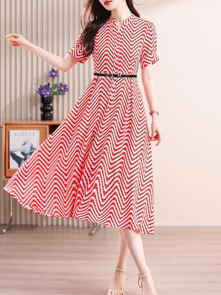 Caroline Casual V-neck Plaid Printed Chiffon Dress