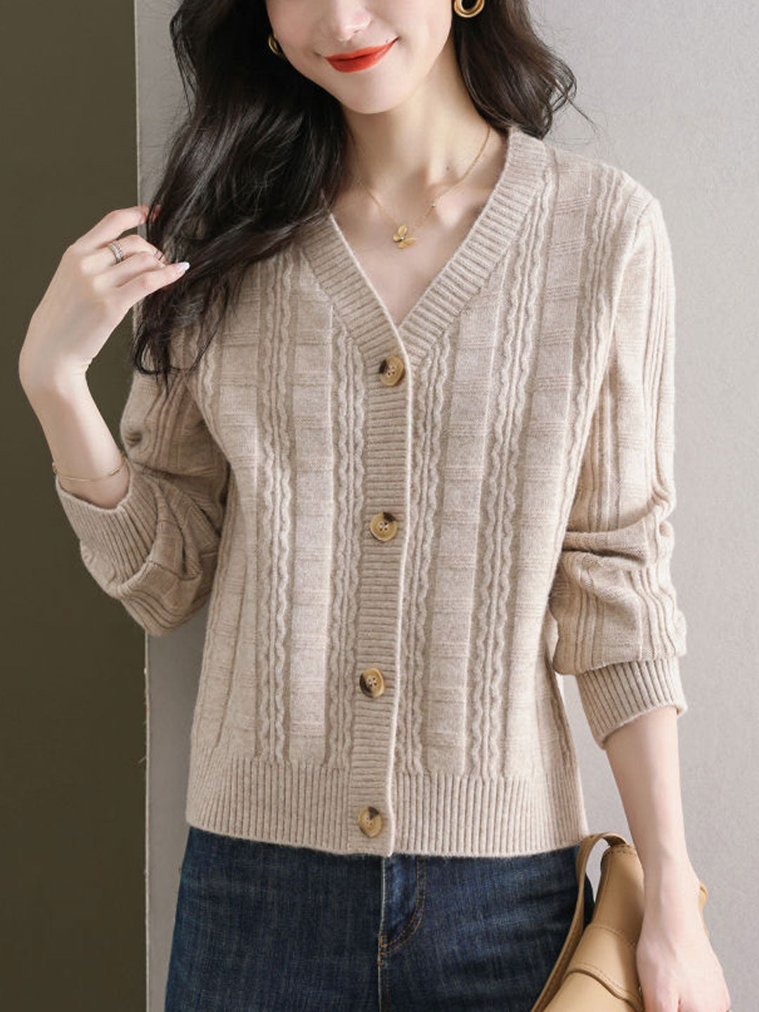 Ava Casual V-Neck Ribbed Solid Color Knitted Cardigan