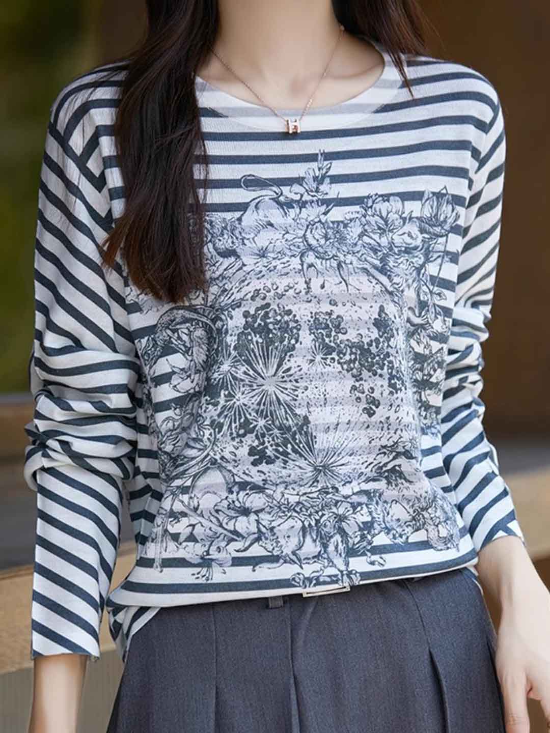 Nevaeh Casual Crew Neck Printed Wool Top-O