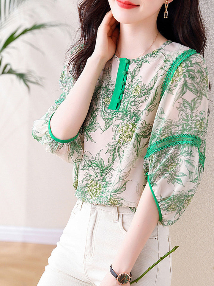 Grace Loose Crew Neck Buttoned Printed Chiffon Blouse