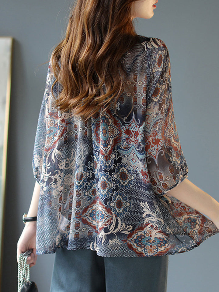 Kayla Loose Lantern Sleeve Auricular Floral Chiffon Top