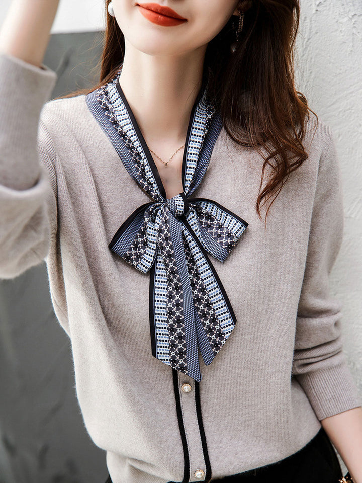 Alyssa Retro Scarf Collar Bow Tie Knitted Sweater-Gray