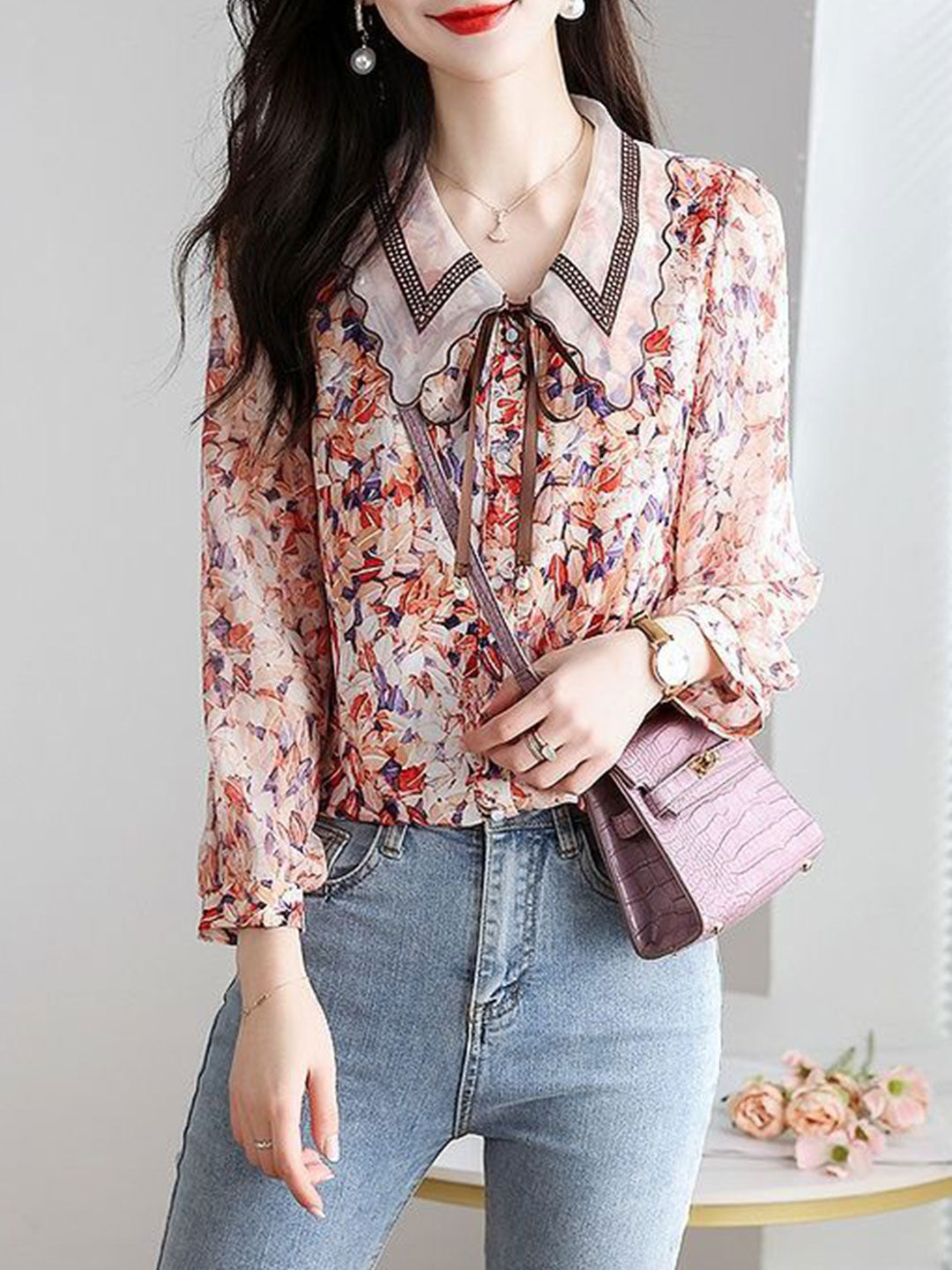 Rachel Classic Printed Floral Chiffon Shirt-Red