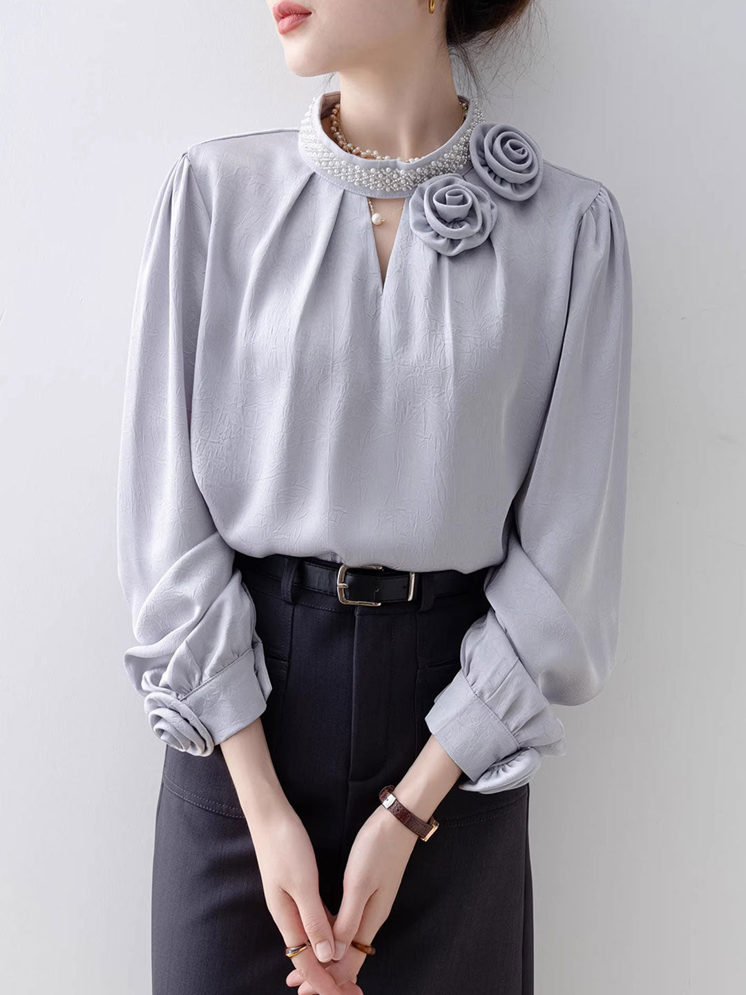 Bella Loose Solid Color Beaded Flower Embossed Shirt