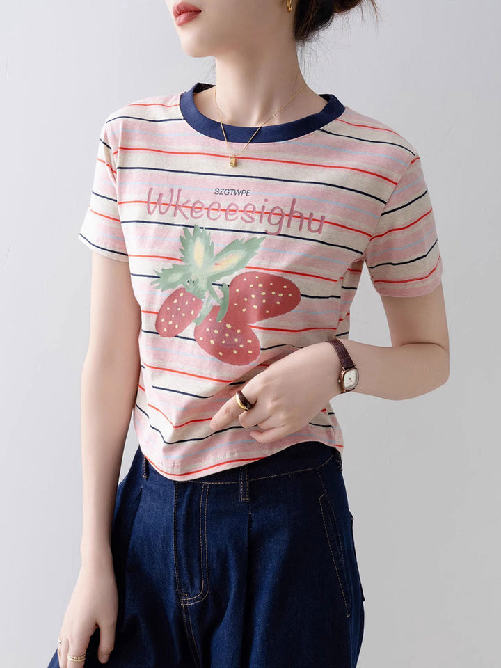 Brianna Cute Crew Neck Striped Printed Top