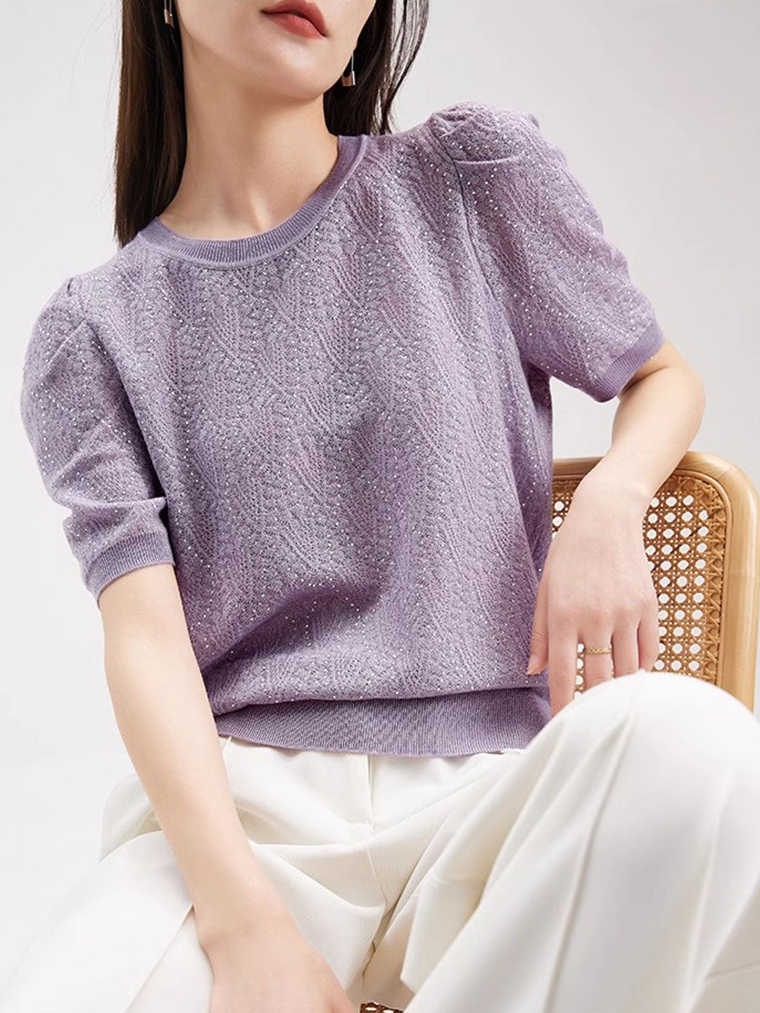 Bailey Loose Crew Neck Hollowed Perm Knitted Top