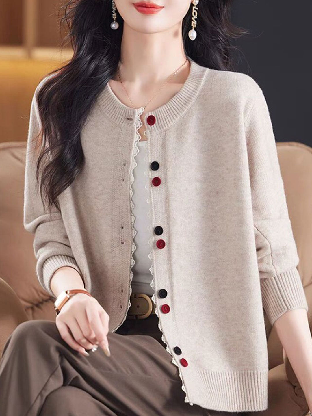 Hannah Loose Crew Neck Lace Patchwork Knitted Cardigan