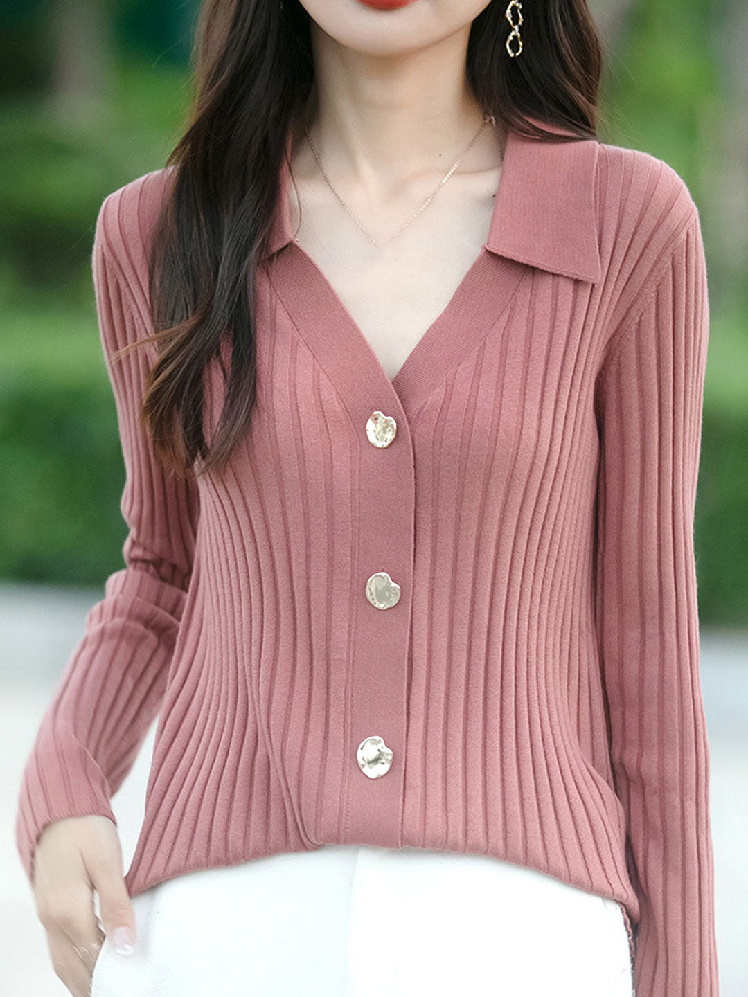 Mia Lapel Solid Color Ribbed Knitted Cardigan