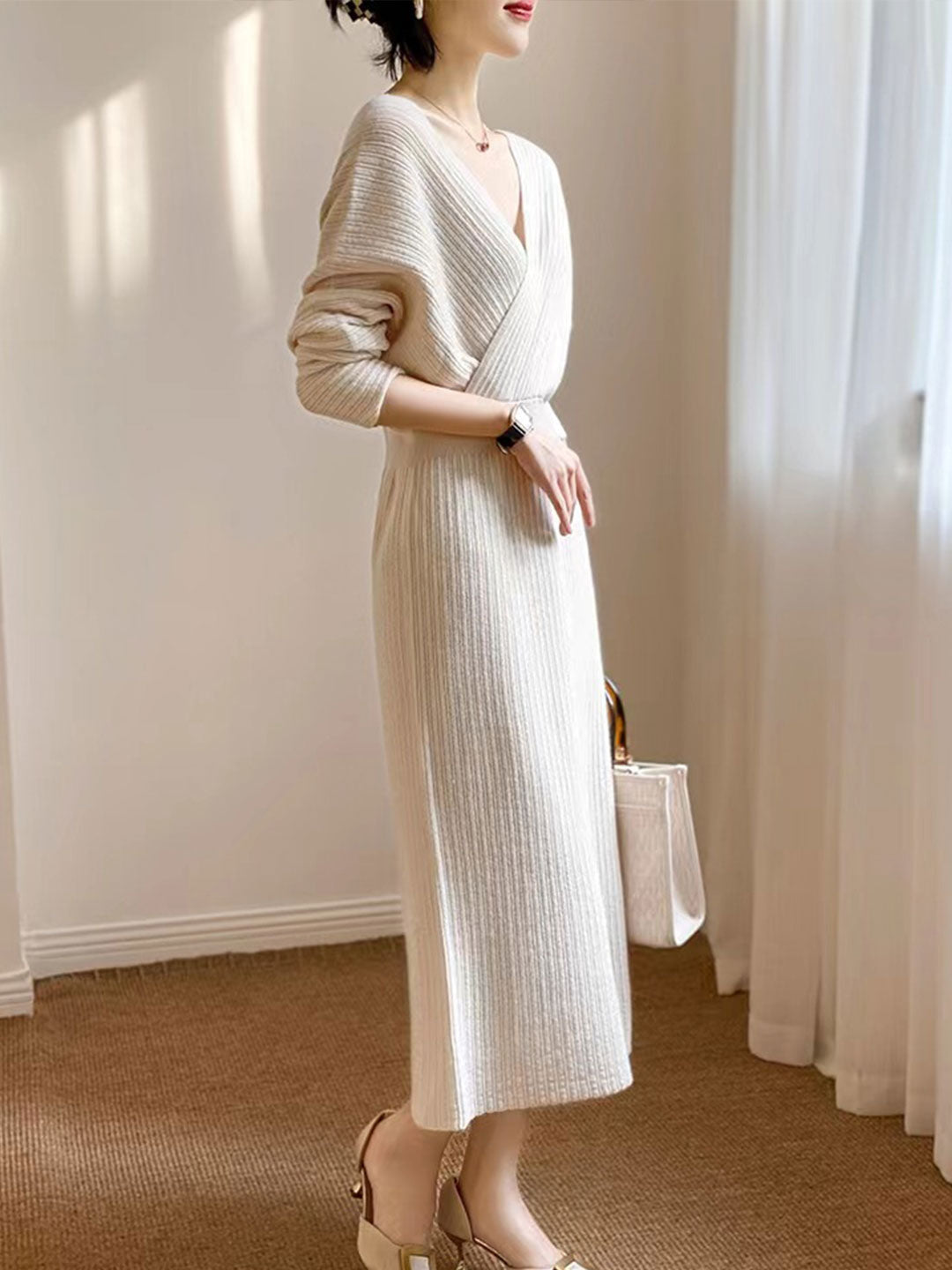 Grace Vintage V-neck Knitted Sweater Dress-Beige