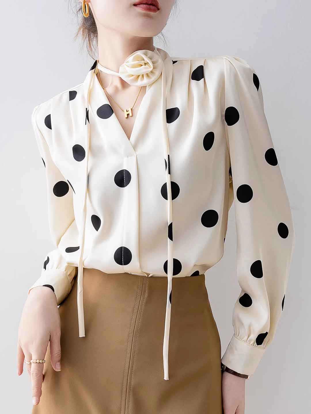 Faith Loose V-Neck Satin Polka Dot Shirt