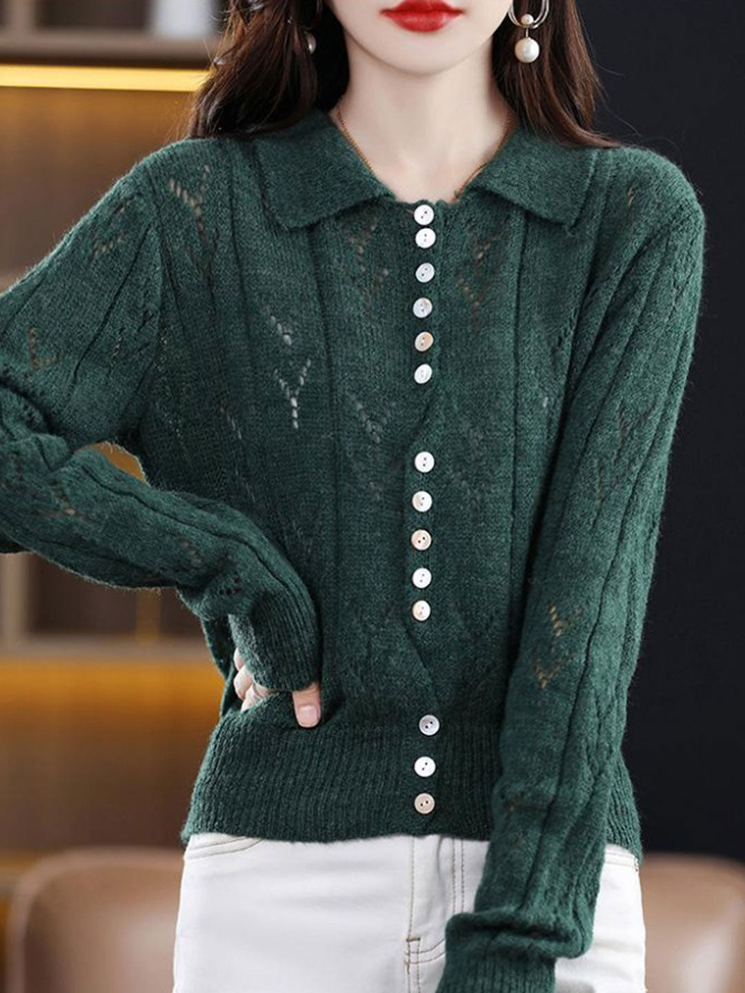 Natalie Polo Collar Solid Color Hollowed Knitted Cardigan