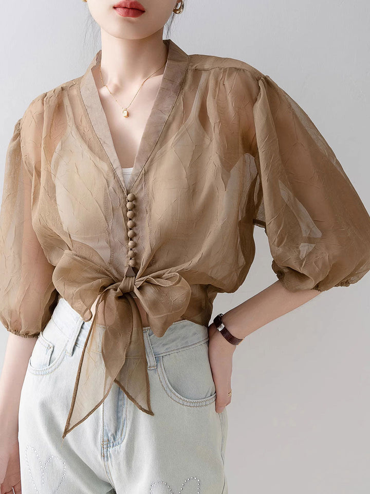 Alyssa Retro V-Neck Lantern Sleeve Chiffon Shirt