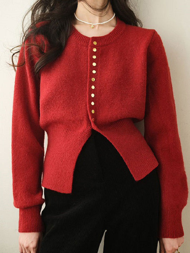 Claire Classic Crew Neck Solid Color Knitted Cardigan