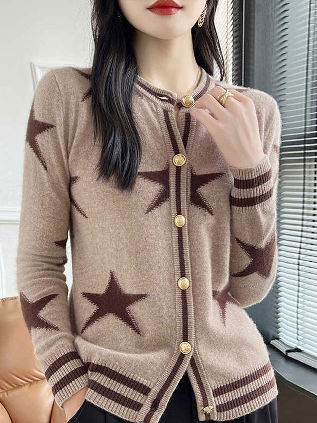 Ava Loose Crew Neck Jacquard Knitted Cardigan