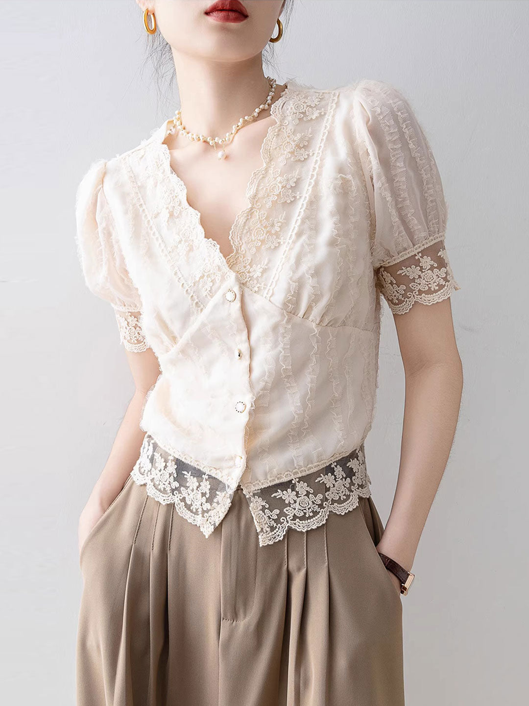 Anna Retro V-Neck Flare Sleeve Hollowed Lace Top