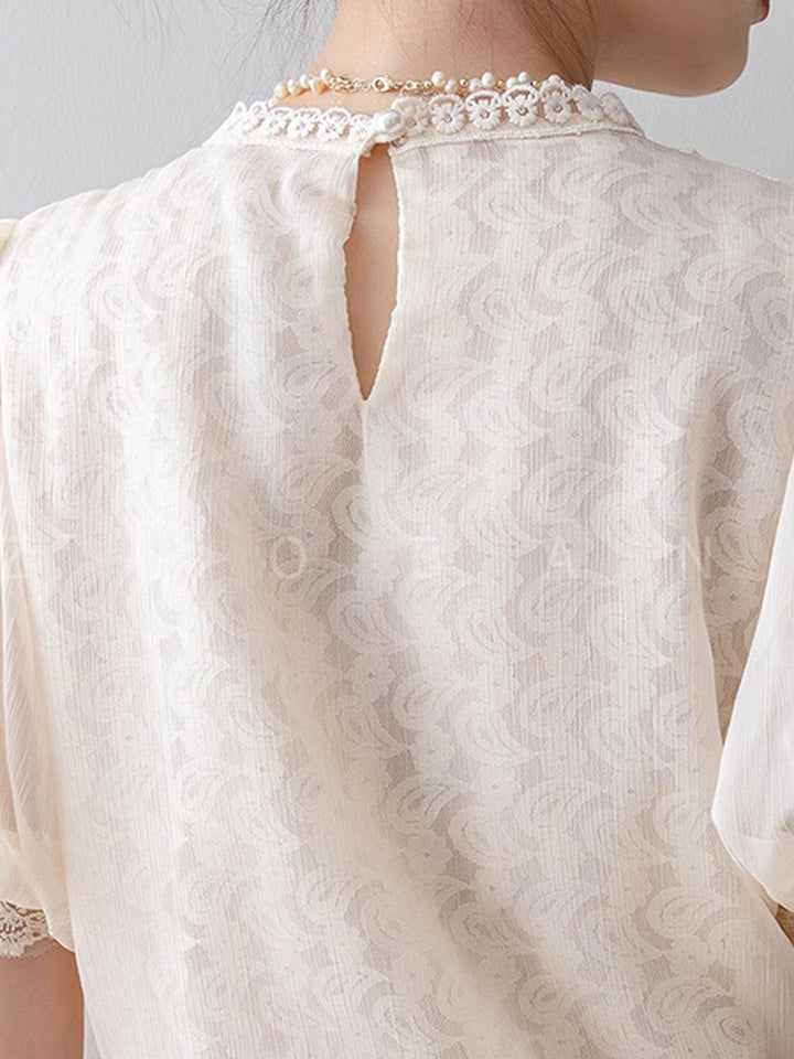 Lillian Retro Crew Neck Puff Sleeve Lace Chiffon Blouse