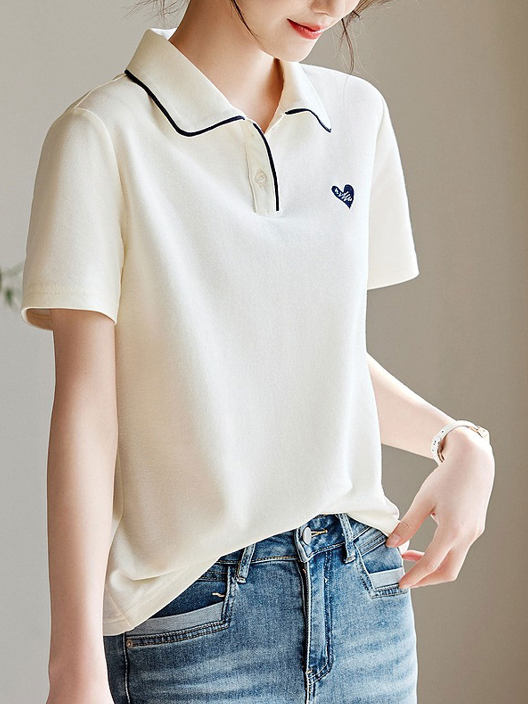 Anna Casual Polo Collar Hearted Top