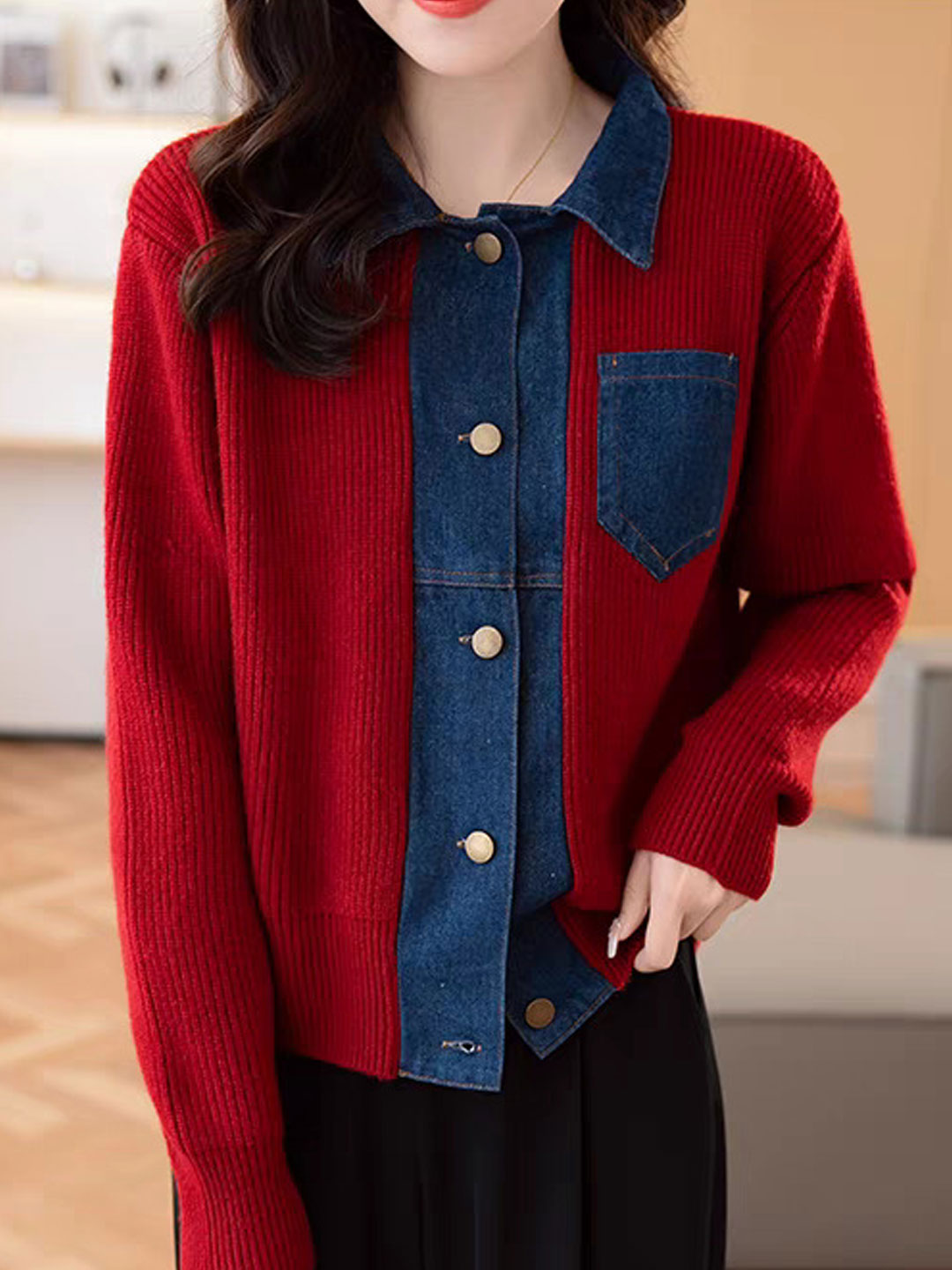 Eva Casual Lapel Patchwork Knitted Cardigan