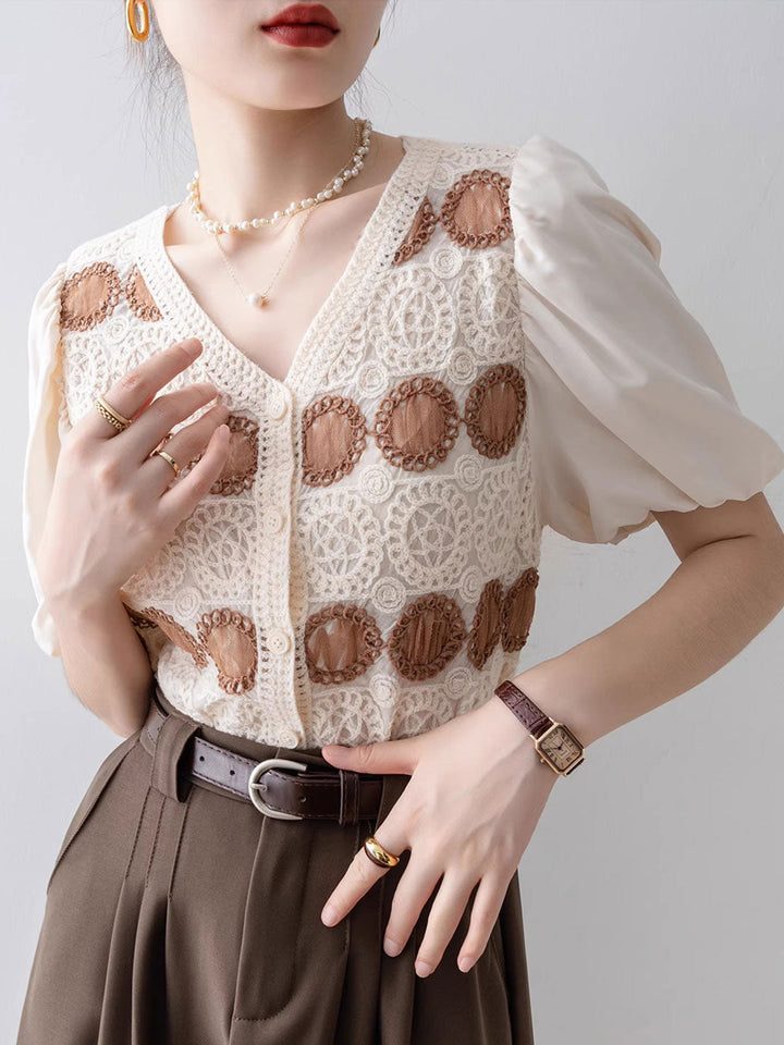 Avery Retro V-Neck Puff Sleeve Hollowed Top