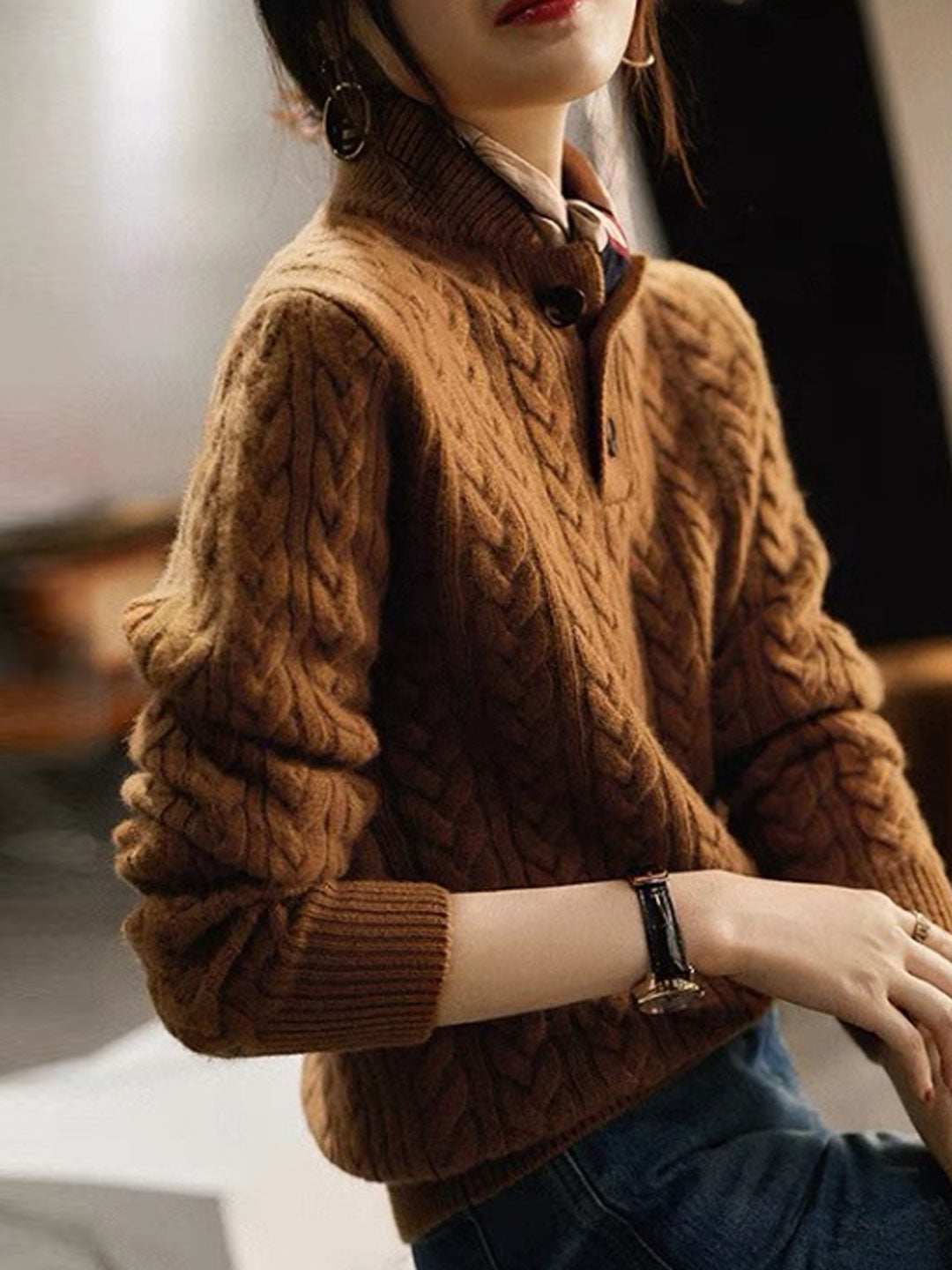 Anna Retro Solid Color Cable Knitted Top