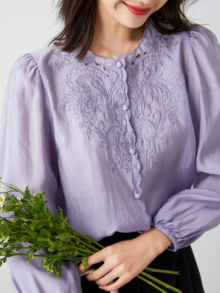 Jocelyn Elegant Embroidered Lantern Sleeve Shirt-Purple