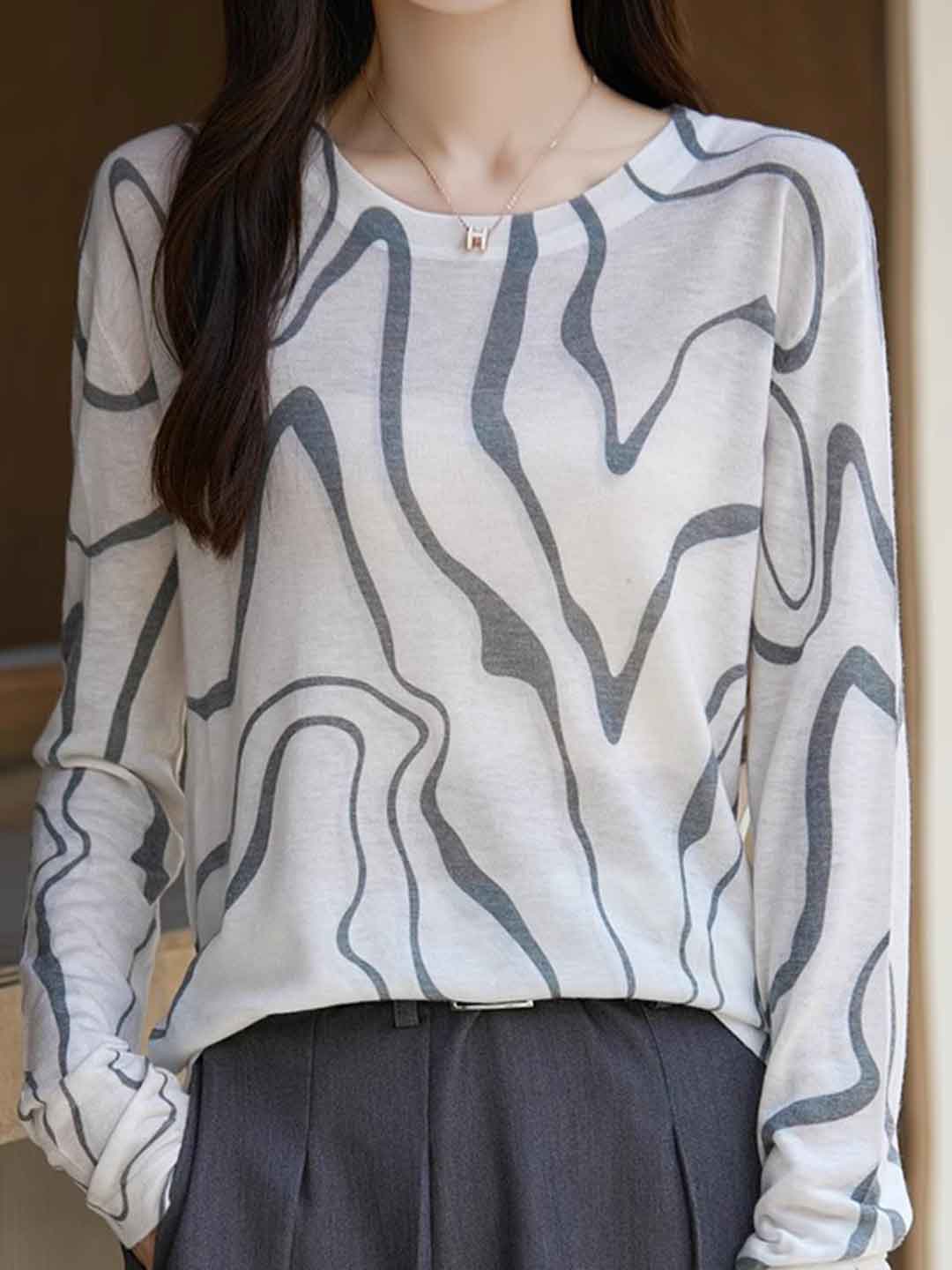 Nevaeh Casual Crew Neck Printed Wool Top-Q