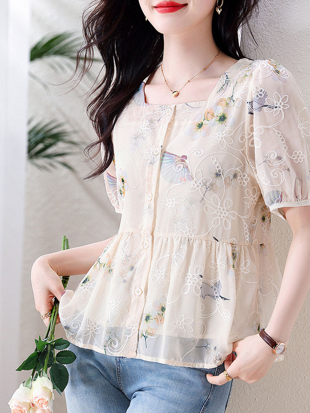 Kaitlyn Loose Puff Sleeve Printed Chiffon Blouse