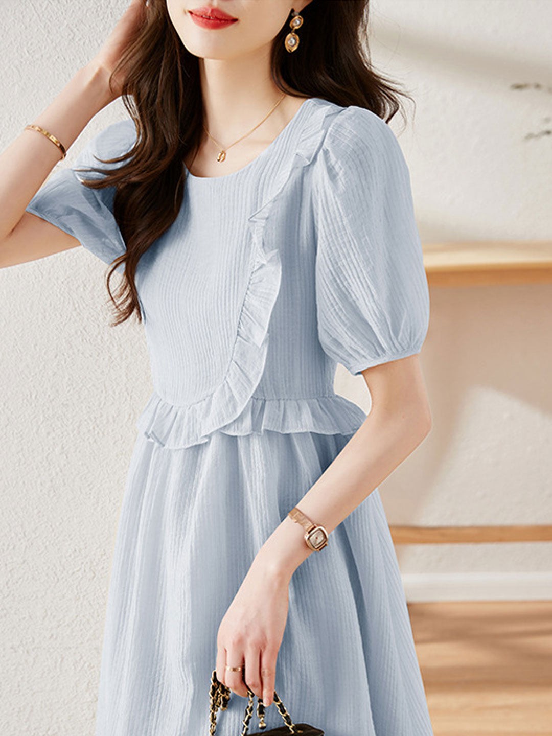 Rachel Vintage Crew Neck Ruffle Dress