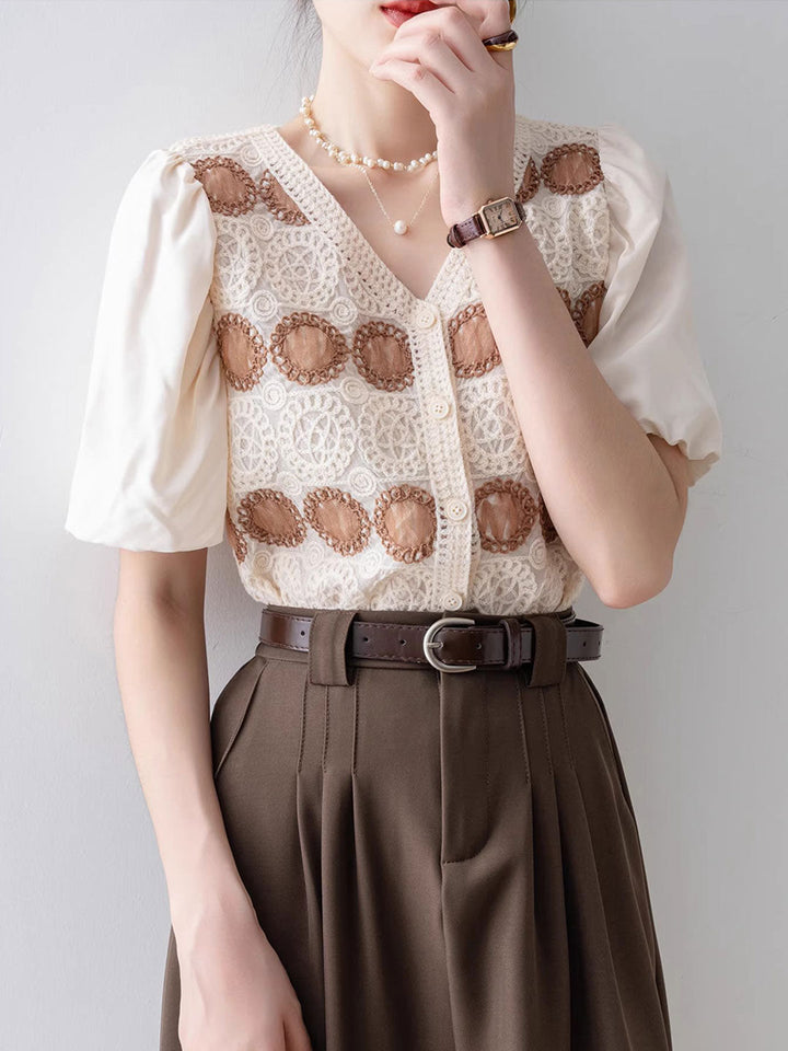 Avery Retro V-Neck Puff Sleeve Hollowed Top