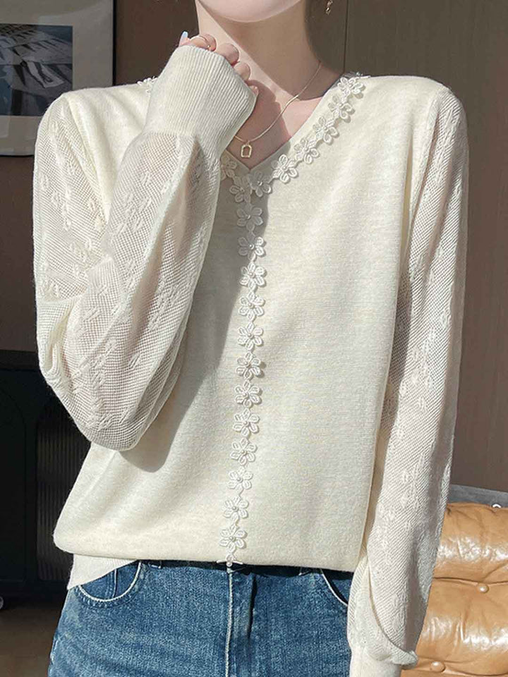 Hannah Classic V-Neck Lace Panel Knitted Top