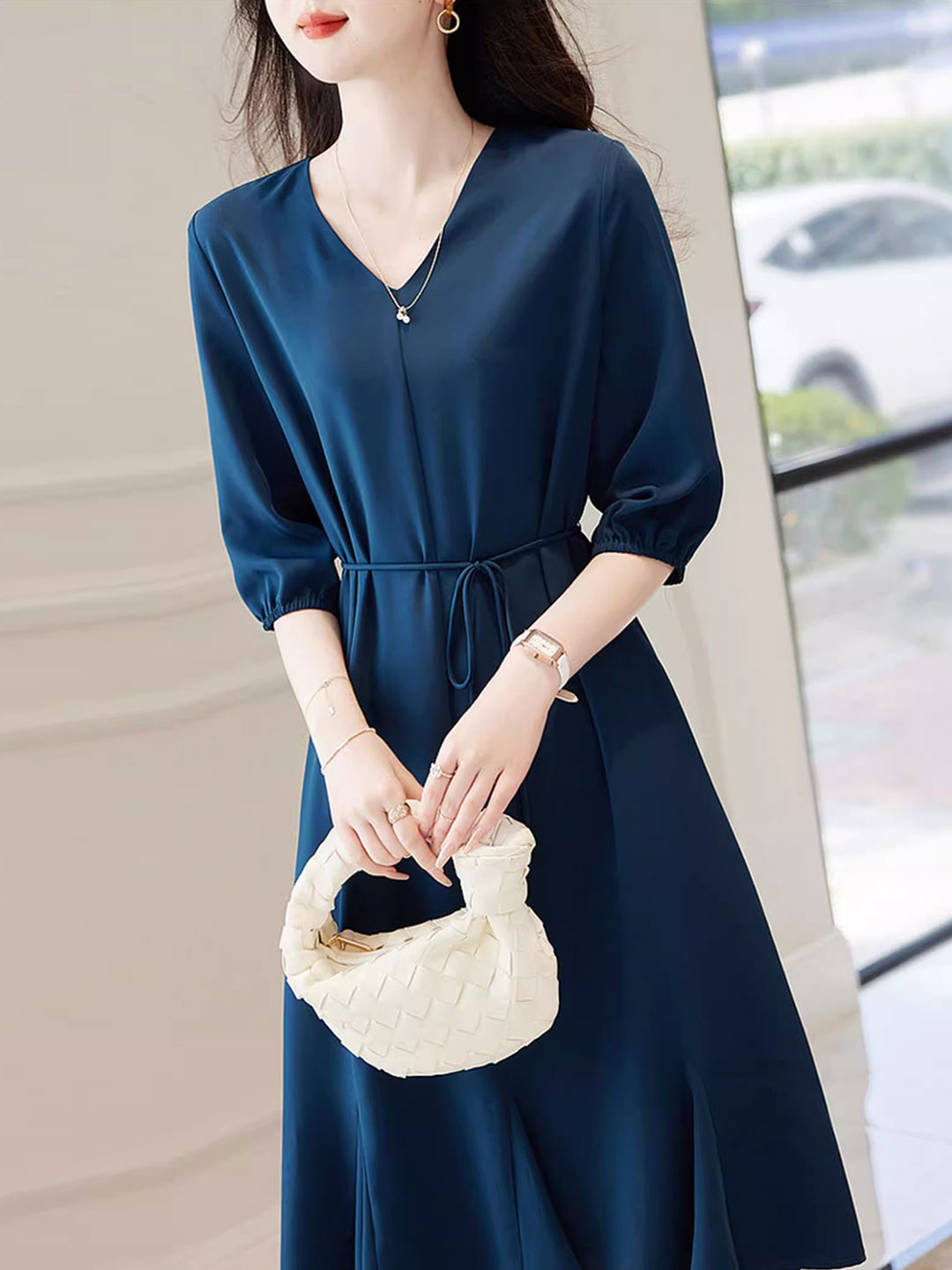 Emma Elegant V-Neck Solid Color Dress