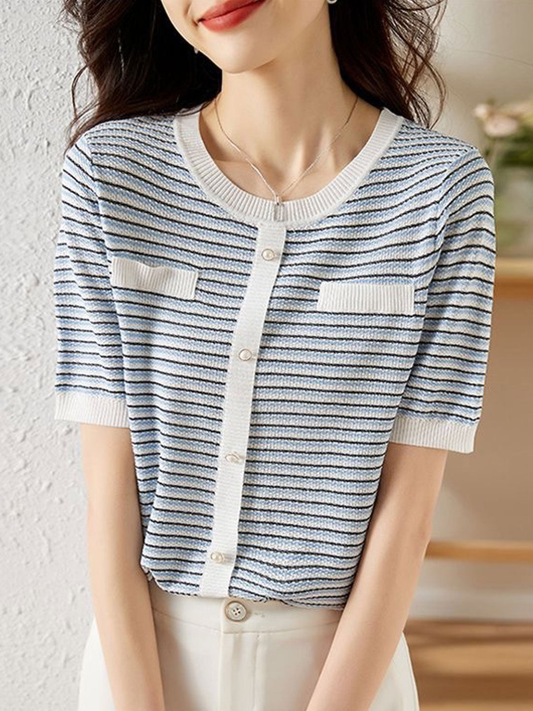 Anna Classic Crew Neck Striped Knitted Top