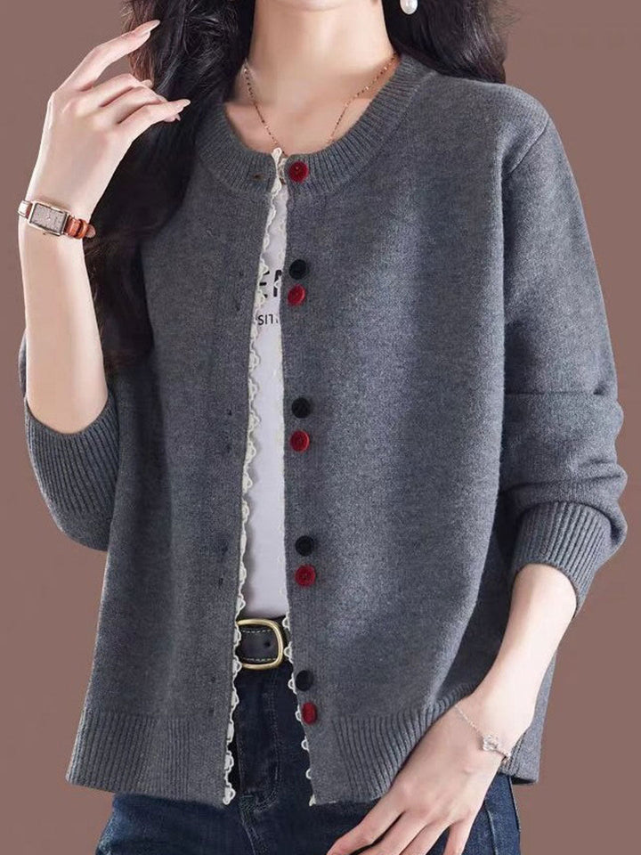 Hannah Loose Crew Neck Lace Patchwork Knitted Cardigan