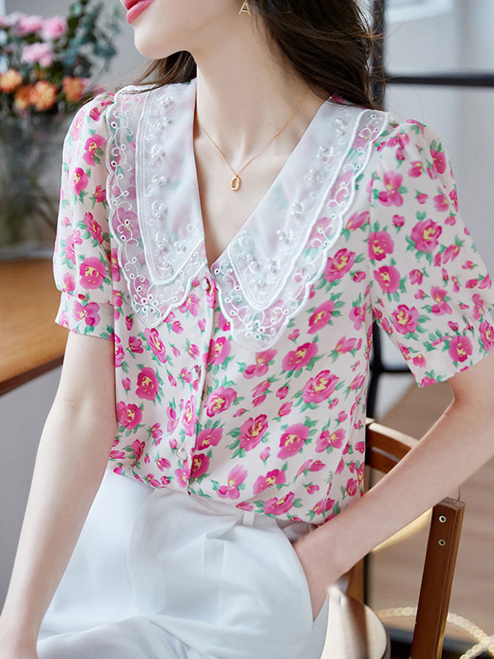 Bella Classic Floral Printed Beaded Chiffon Top-Pink