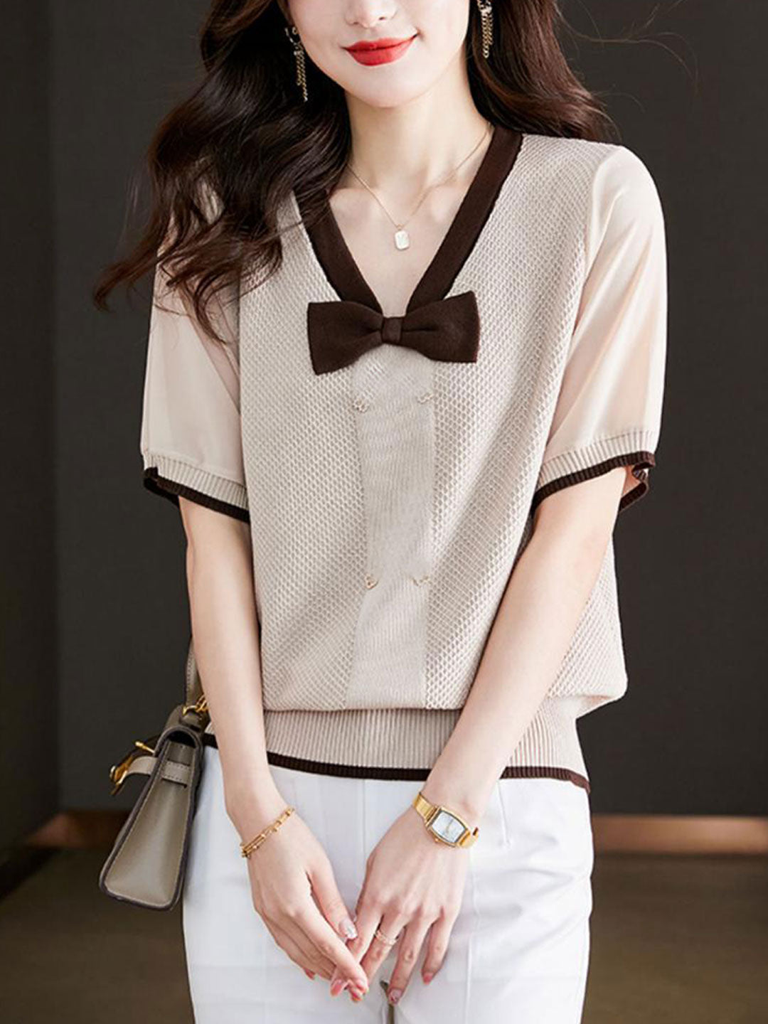 Brianna Loose V-neck Bow Knitted Top