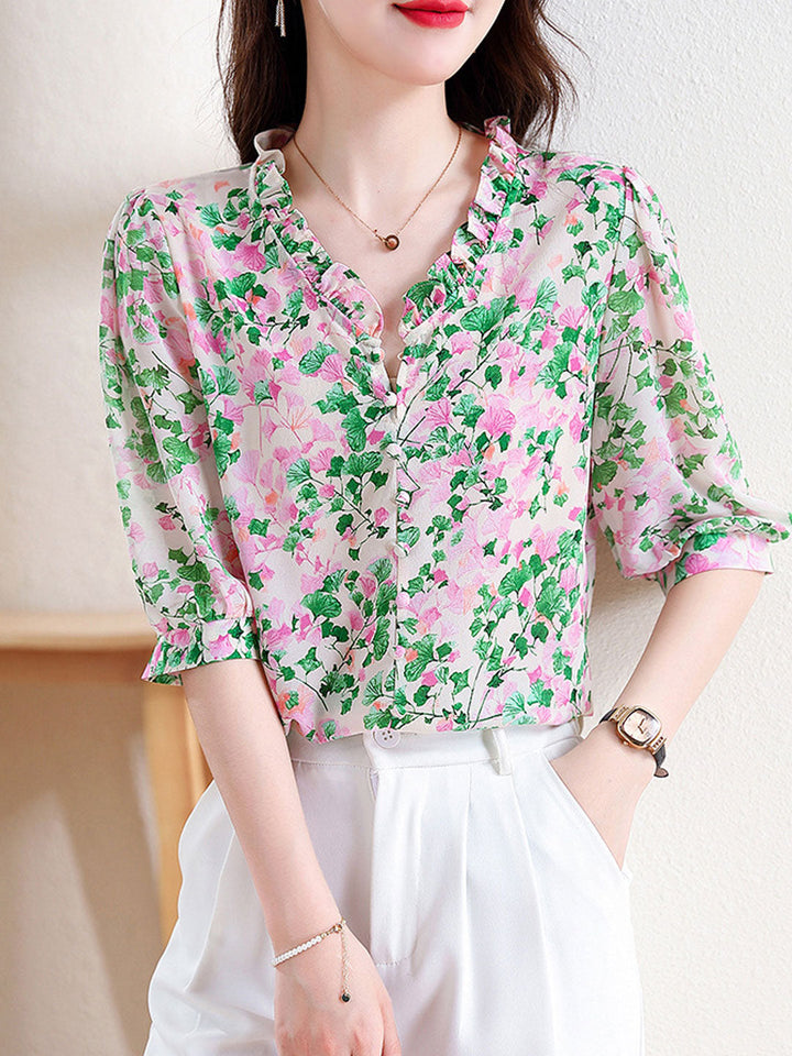 Mia Vacation V-Neck Ruffled Floral Chiffon Top