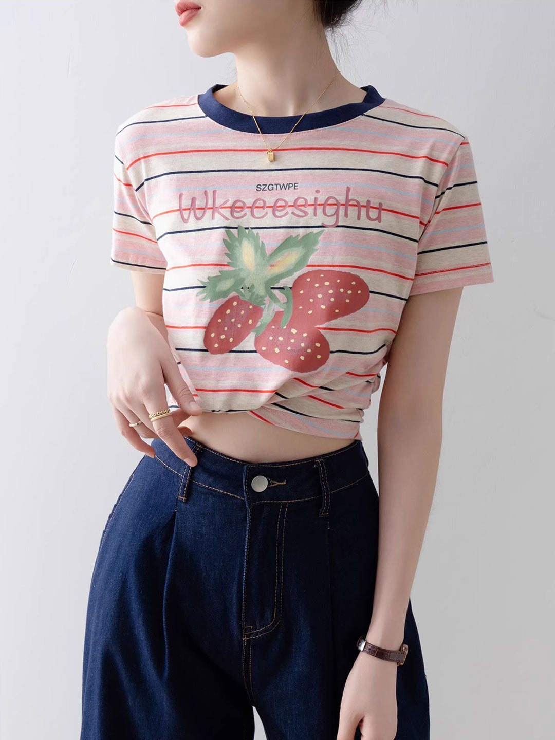 Brianna Cute Crew Neck Striped Printed Top