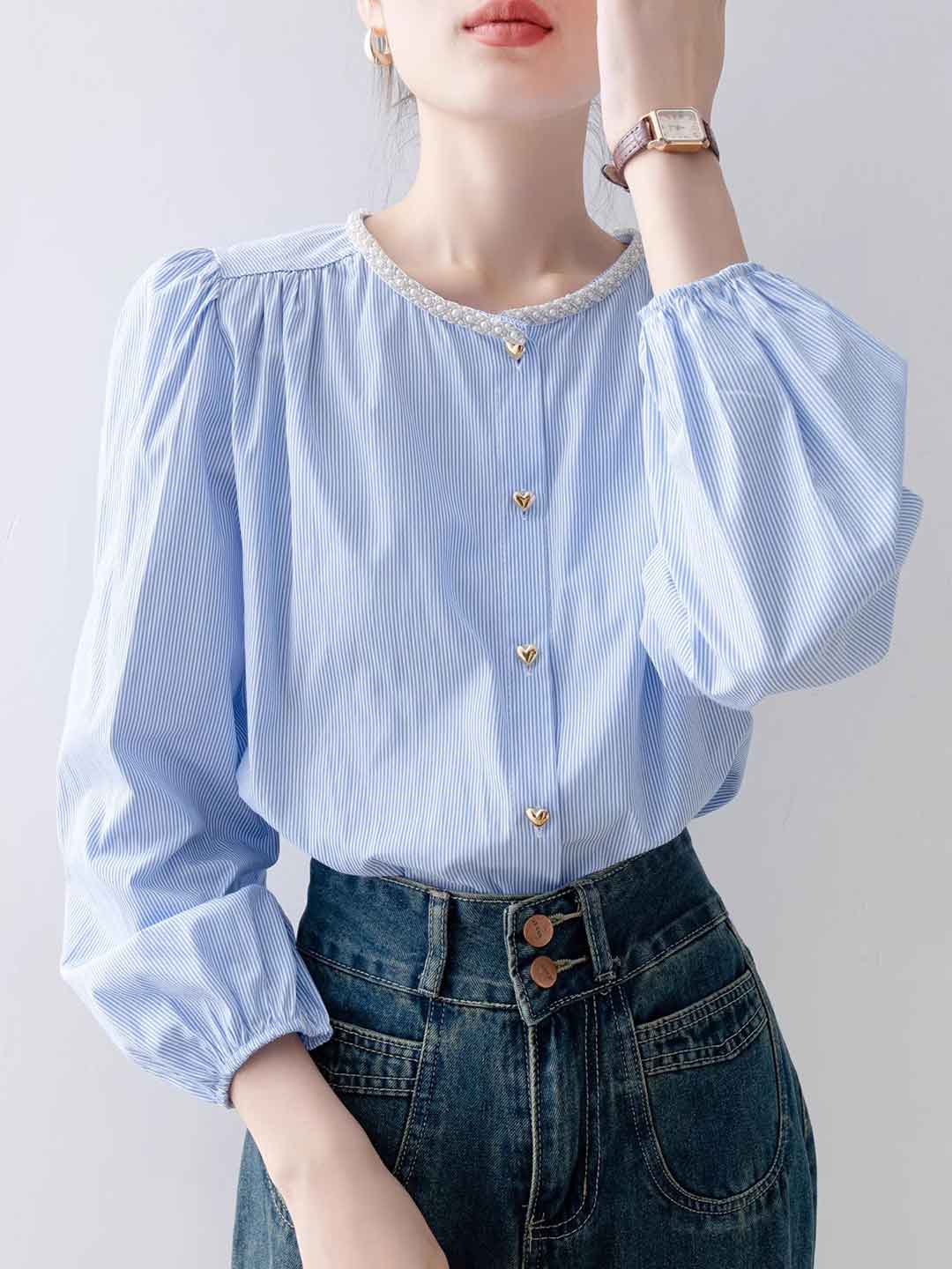 Kayla Retro Crew Neck Striped Lantern Sleeve Shirt