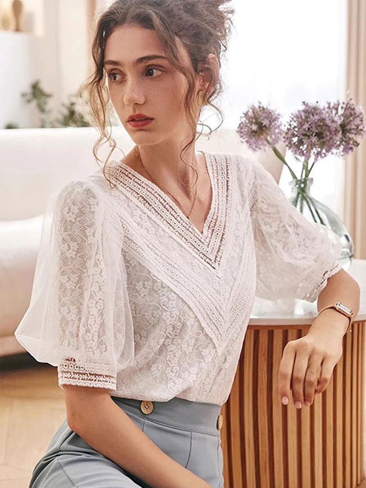 Brianna Retro Lace Puff Sleeve Chiffon Blouse