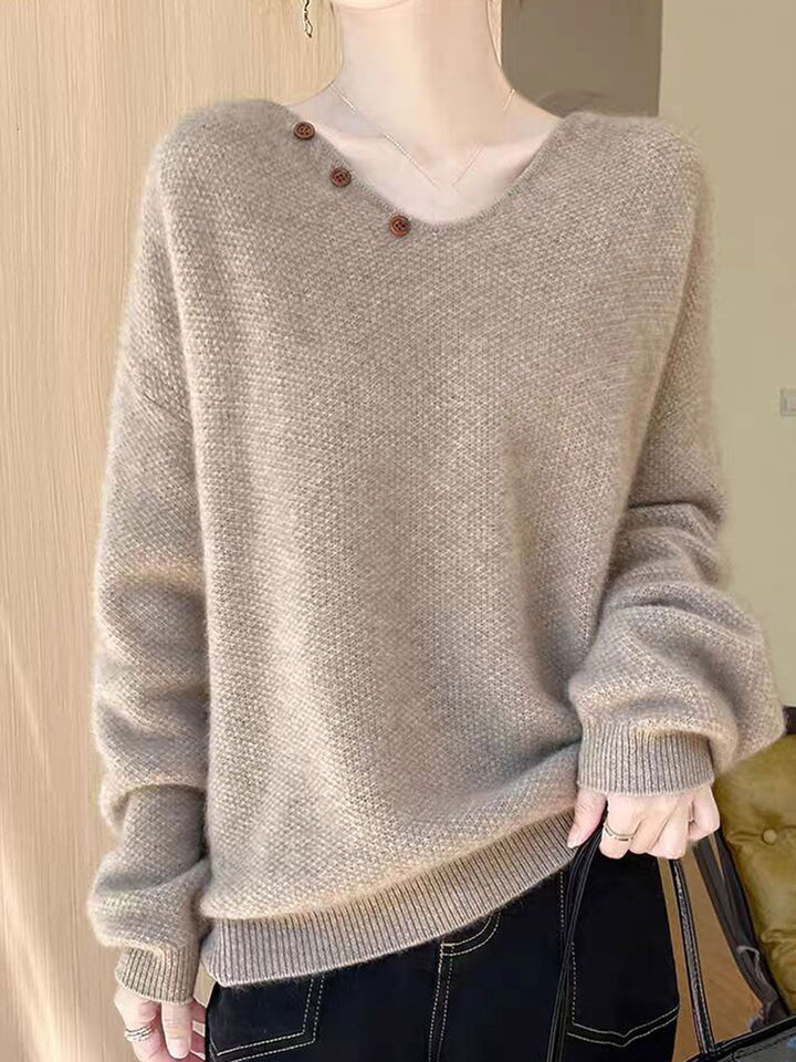 Ashley Loose V-neck Lantern Sleeve Button Knitted Sweater