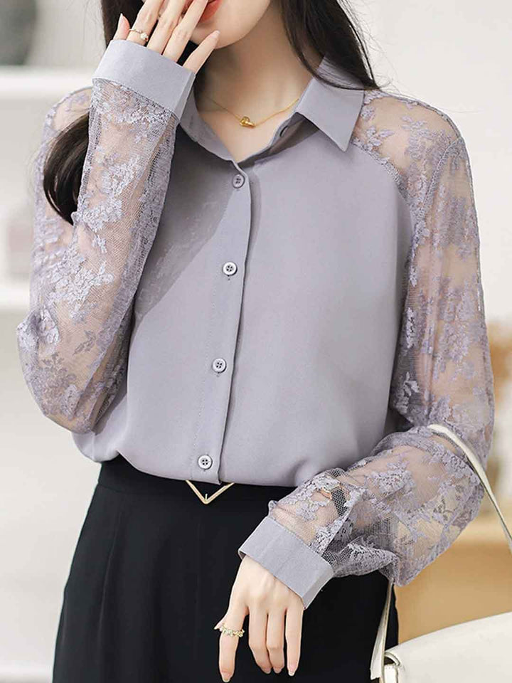 Sophie Loose Lapel Panel Lace Chiffon Shirt