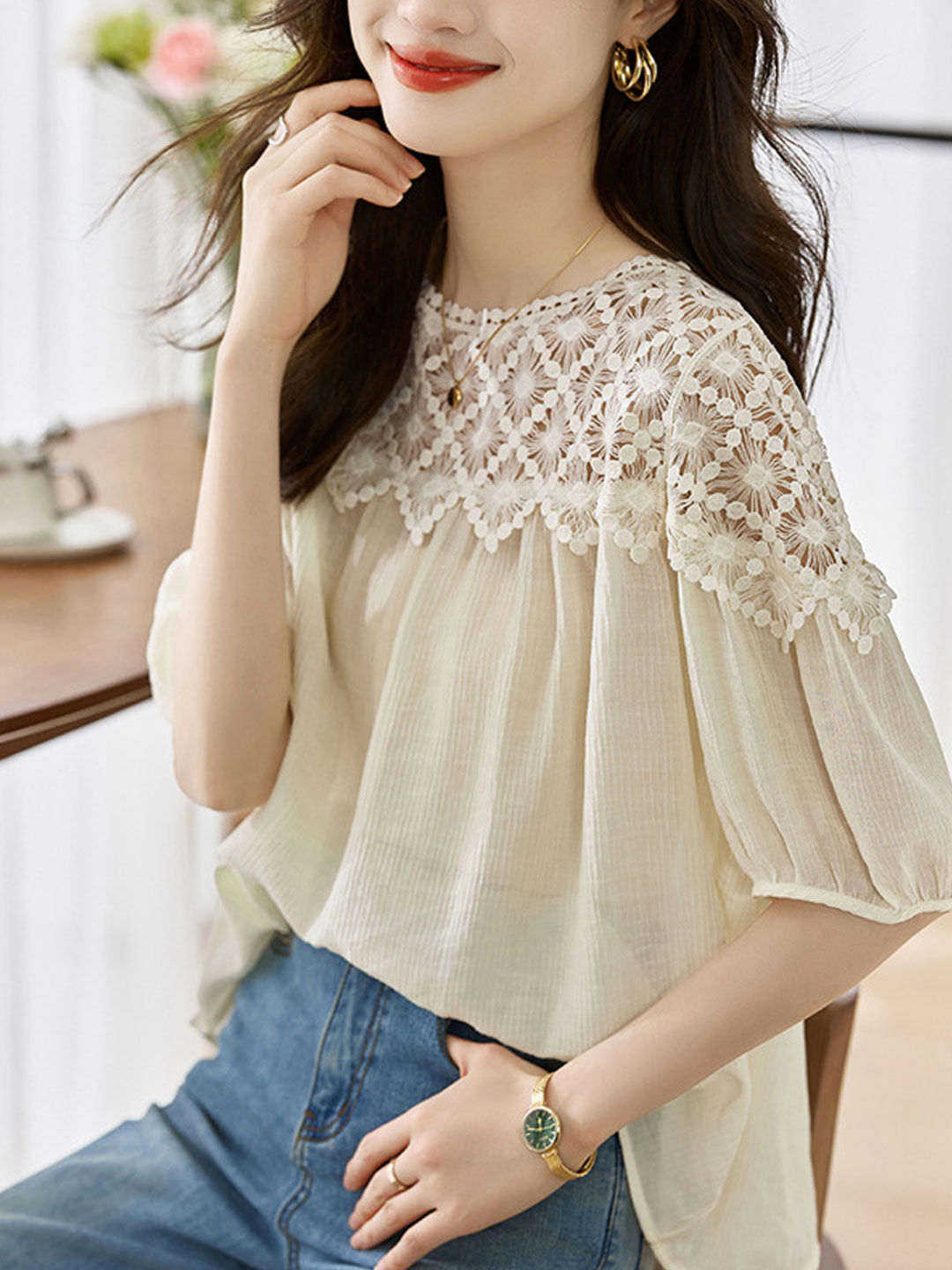 Sophie Loose Chiffon Lace Blouse-Apricot