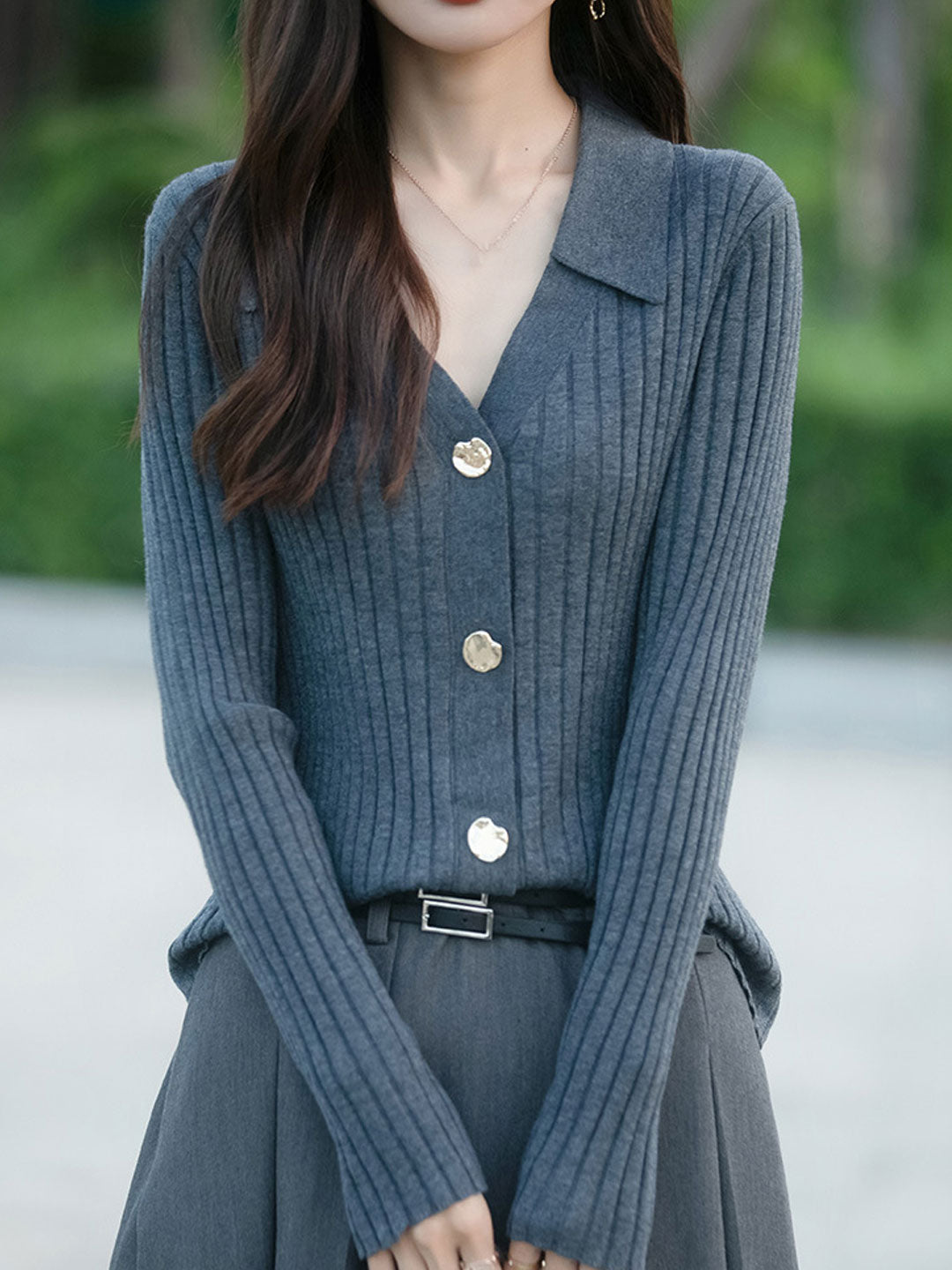 Mia Lapel Solid Color Ribbed Knitted Cardigan