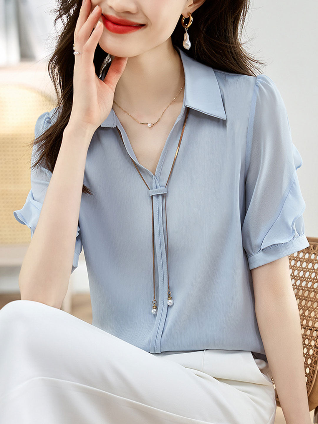 Elizabeth Elegant Lapel Chain Chiffon Shirt-White